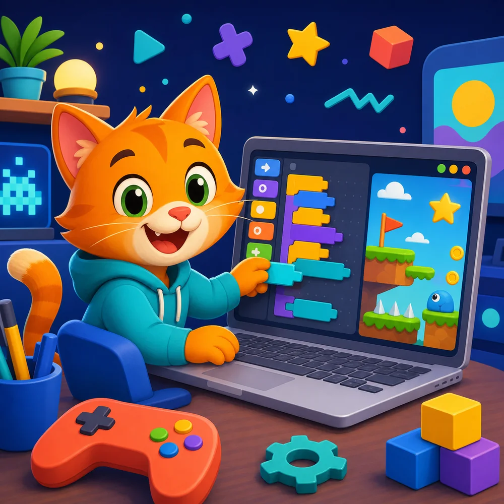 Gato programador creando un videojuego con bloques visuales